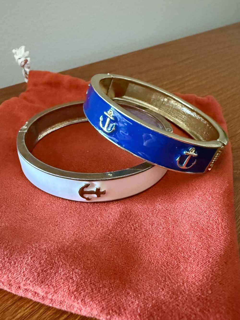 Nautical Anchor Bracelet Pair of Two Resin Hinged Bangles White and Blue